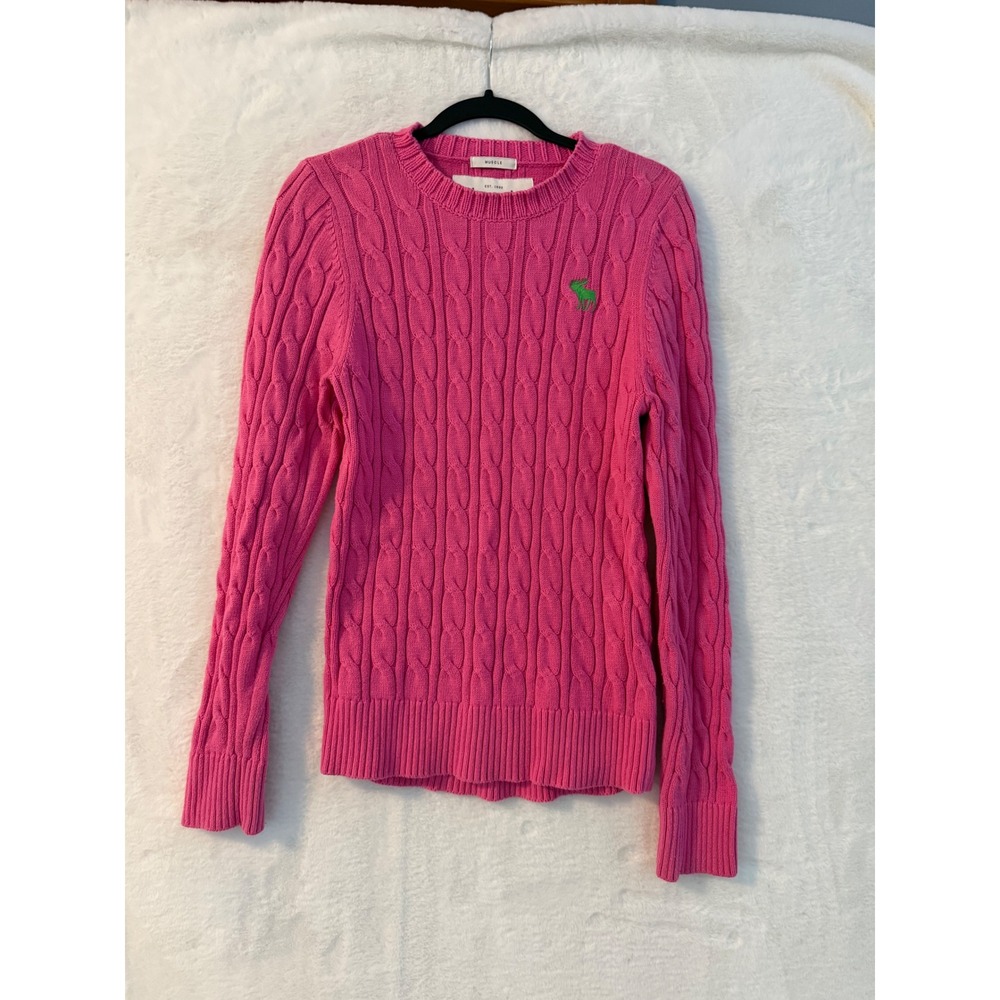 Abercrombie & Fitch Pink Cable Knit Sweater Mens XL Muscle Fit Green Moose Logo